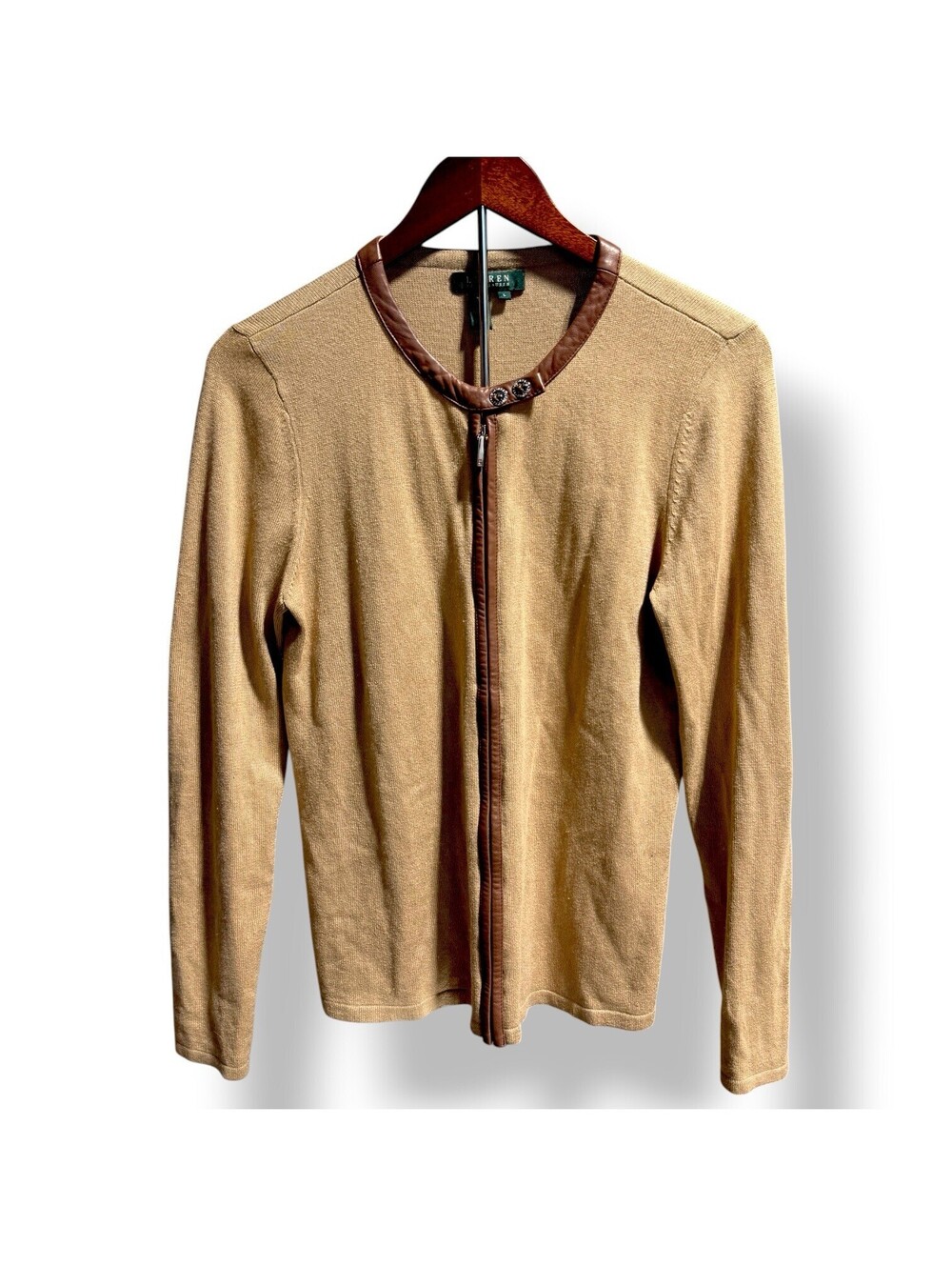 Ralph Lauren Womens Silk Cashmere Zip Brown Leather Trimmed Cardigan Sweater L